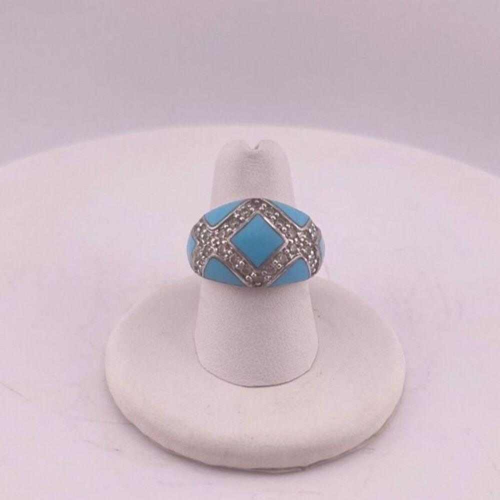 Eric Grossbardt Silver Vintage Real Turquoise Inlay & CZ Ring, Size 6.75